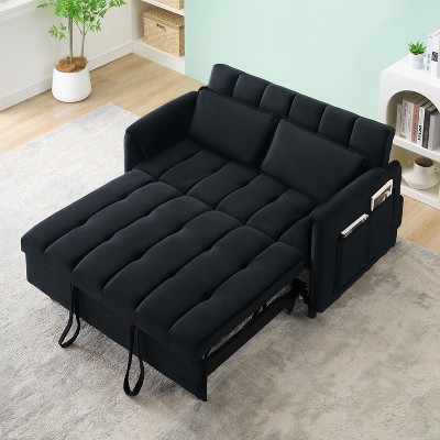 TIRAMISUBEST 52" Black Velvet Convertible Sofa Bed, 3-in-1 Sleeper with Pockets & Pillows