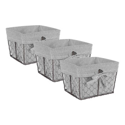 Design Imports Set of 3 S Rustic Bronze Chicken Wire Ticking Stripe Liner Baskets Black/White