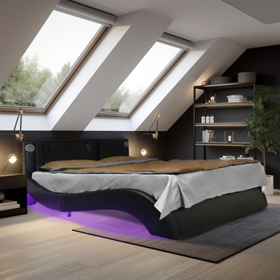 Queen Size LED Platform Bed Frame,Faux Leather Upholstered Bed Frame with led Lighting,Backrest Vibration Massage,No Box Spring Needed
