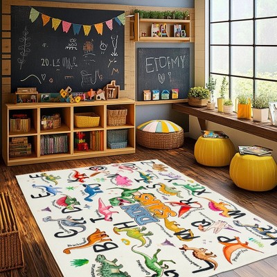 LOVEVOOK Kids Rugs for Playroom, 47 inch Round Rug, Soft Machine Washable Non-Slip Dinosaur Carpet for Toddler Kids Room Decor Mat, Beige