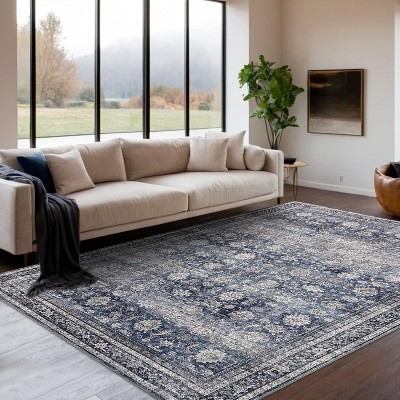 Washable Living Room Rugs Large Vintage Floral Print Non-Slip Stain-Resistant Low Pile Foldable Indoor Carpet for Bedroom Office