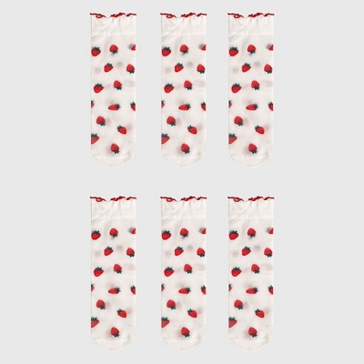 Anna-Kaci Women's Sheer Strawberry Patterned Ankle Socks with Ruffle Cuff 6pk - Red