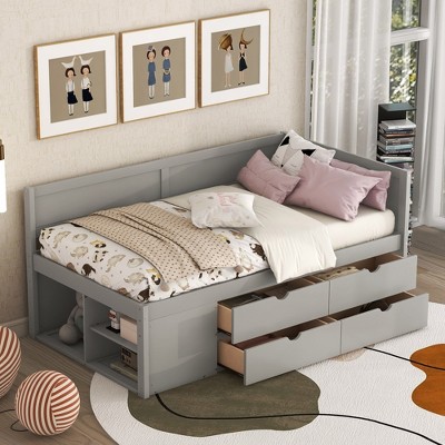 Daybed with Storage Shelves and Drawers, Wood Corner Captain Beds L-Shaped Headboard