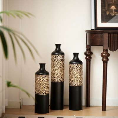 Angel Sar Matte Black Large Floor Vase, Gold Baroque Vines, Metal Flower Vase(Set Of 3)