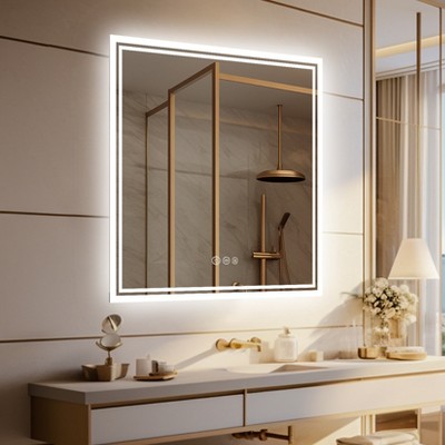 32'' Square LED Mirror for Bathroom Wall Antifog Vanity Mirror 3500K-6500K Smart Memory