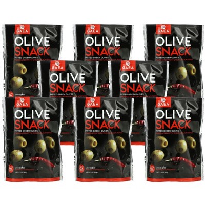 Gaea Chili Pitted Green Olives Snack - Case of 8/2.3 oz