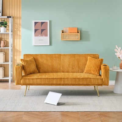 SKRAN White Corduroy Sofa with Pillows Straight-Row Design,Compact Study Sofa, Durable Fabric Upholstery for Home Office or Lounge