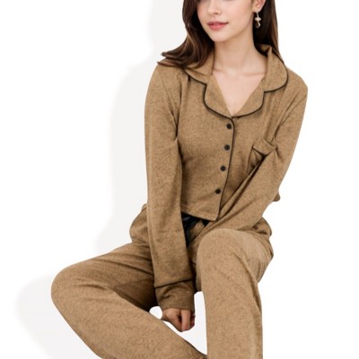 Anna-Kaci Lounge Women's Long Sleeve Button-Up Pajama Set with Piped Trim Details and Relaxed Fit