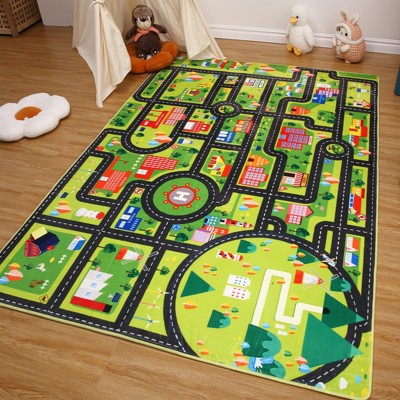 Kids Carpet Playmat Car Play Rug Large Kids Play Rug City Traffic Road Mat Low Pile Non Slip Fun Carpet for Kids Nursery Carpet Black