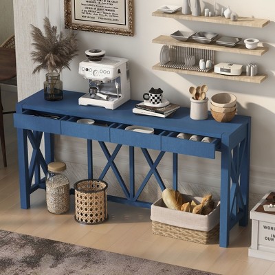 CAVINAS Acacia Veneer Console Table with 4 Spacious Drawers,Entryway Table with Open Bottom Storage,Farmhouse Console Table for Living Room