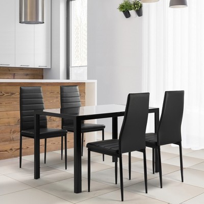 5 PCS Tempered Glass Modern Dining Table Set Dining Set with 4 Leather Upholstered Chairs, Black-ModernLuxe