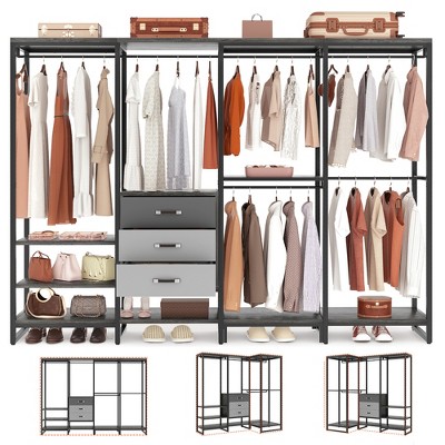 Aheaplus 74''W Large Closet Storage Organizer with Wood Drawers, L-Shaped Corner Heavy Duty Garment Rack with Shelve and Hanging Rods
