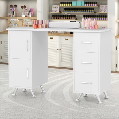 Costway Wooden Nail Desk Station with Removable Wrist Rest Metal Legs & 3 Drawers, 2 Cabinets White/Pink/Black