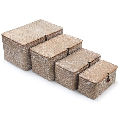 Aoibox Wicker Storage Basket Set with Lid Seagrass Woven Decorative Bins for Organizing Shelf Whitewash 4 Pieces