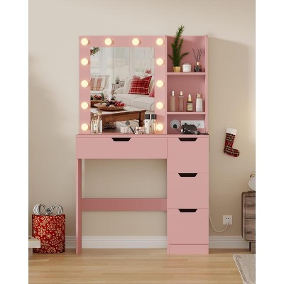 Makeup Vanity Desk with 4 Drawers,Built-in Power Outlet & USB,Adjustable LED Lighting