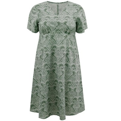 Women's Plus Size V Neck Short Sleeve Floral Print Shirred Pockets Boho T-Shirts Dresses - GRACE & GRANDEUR