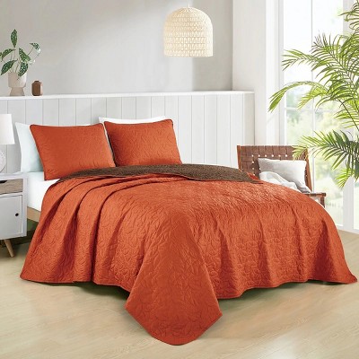 Home Mart Goods 3 Piece Orange & Brown Geometric Reversible Quilt Coverlet Bedspread Bedding Set