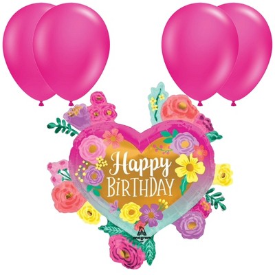 LoonBalloon 27 Inch Painted Flowers Birthday Balloon with 4 latex balloons - Festive & Colorful