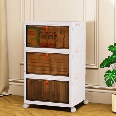 VECELO 3/4 Tier Foldable Storage Bins, Plastic Toy Lockers, Clothes Stackable Organizer With Lockable Wheels, White