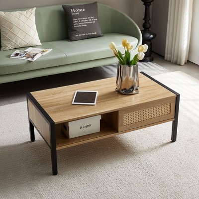White 40.16" Rattan Coffee Table with Sliding Door Storage and Metal Legs for Modern Living Room