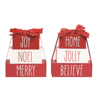Transpac MDF Merry Block Stack Decor Set of 2 Christmas Home Decorations Freestanding Wood Signs