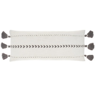 HomeRoots 12" X 30" Gray and White Striped Cotton Lumbar Throw Pillow With Tassels