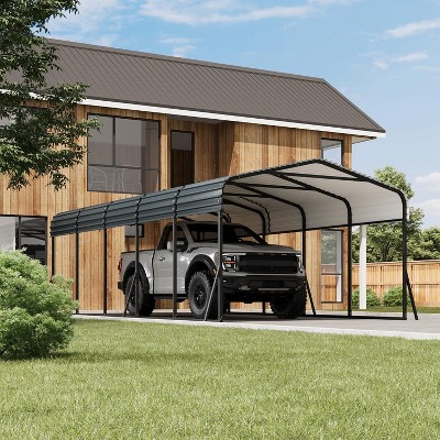 Acekool 12x24 FT Heavy Duty Metal Carport with Galvanized Steel Roof, Outdoor Shelter with Reinforced Base, Tall Garage for Cars, Trucks, Boats, Gray