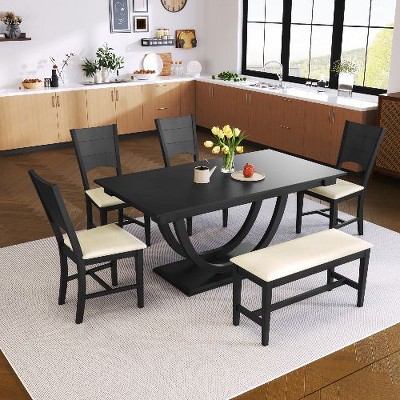 NicBex 6-Piece Solid Wood Dining Set – Rectangular Table with Half-Round Legs, 4 Upholstered Chairs & Long Bench, Modern Kitchen Table Set