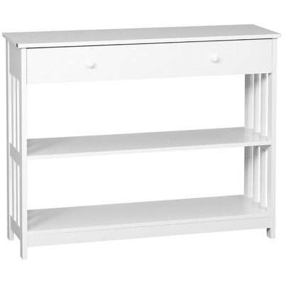 HOMCOM Console Hallway Table with Extra Wide Pull Out Drawer, 2 Open Shelves and Slatted Wood Frame Design