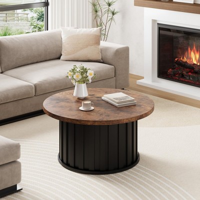 31.9" Fluted Center Table, Mid Century Modern Coffee Table with Metal Base, Round Coffee Table for Living Room, Home Small Space, Apartment
