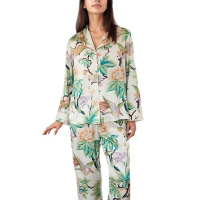 Anna-Kaci Lounge Women's Bird and Floral Print Pajama Set with Button Down Long Sleeve Top and Relaxed Fit Woven Pants