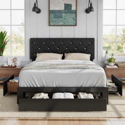 VECELO Queen/Full/Twin Upholstered Platform Bed Frame with Button Tufted Adjustable Headboard