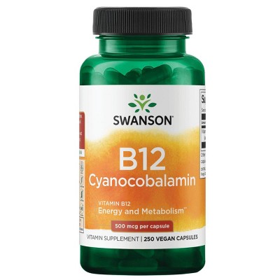 Swanson Vitamin B12 Cyanocobalamin Supplement, Supports Energy Production & Metabolic Health, 250 Capsules, 500 mcg