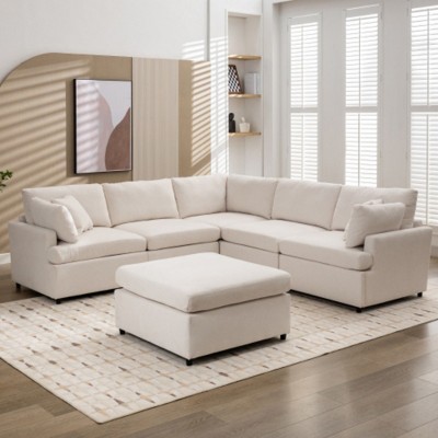 Upholstered Sectional Sofa with Removable Ottoman,U-Shape 6 Seat Sectional Couch, for Living Room,,Apartment, Spacious Space