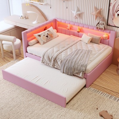 Twin Size Upholstered Daybed with USB Ports & LED Belt, Linen Platform Bed Frame with 2 Drawers/Trundle, White/Pink - ModernLuxe