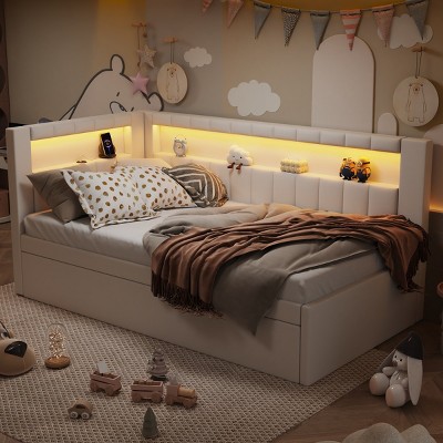 Twin Platform Bed Modern Upholstered with Decorative Component and Trundle for Bedroom 44in Wide - 3irtyhousy