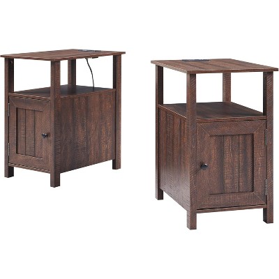 SinCiDo Farmhouse Set of 2 Nightstands w/Charging Station, Wood End Table with Barn Door & Open Shelves for Bedroom, Living Room