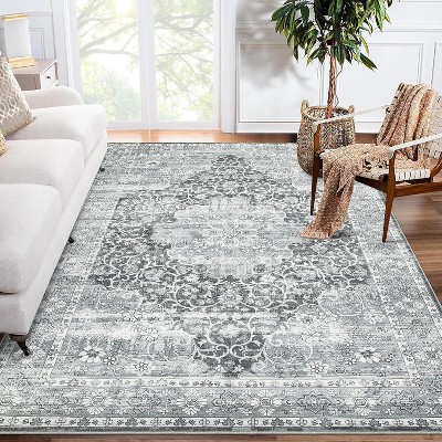 Oriental Machine Washable Rug, Vintage Area Rug Non-Slip Floor Carpet, Easy-Cleaning Rug for Bedroom Office Home Decor