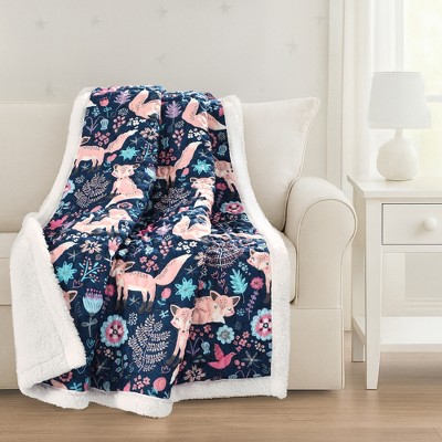 Lush Decor Pixie Fox Faux Shearling Throw Navy/Pink 50X60