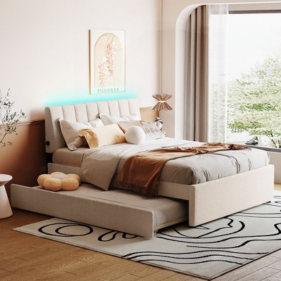 Queen/Full/Twin Size Teddy Fleece Upholstered Platform Bed with Trundle Bed and LED Lights-ModernLuxe