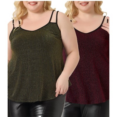 Agnes Orinda Women's Plus Size V Neck Sleeveless Sparkle Silvery Spaghetti Strap Packs Camisoles