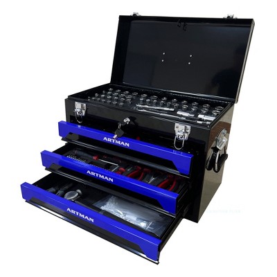 VASIP 20'' Portable 3-Drawer Steel Toolbox, 4 Layers of Tools with Metal Latches, with Top Storage Tray and carrying Handle, Tool Storage