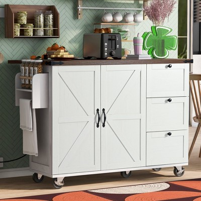 Kumasinova 54.5" Kitchen Cart with Power Outlets&Drop Leaf,Kitchen Island Cart with Internal Shelves&Spice Rack,Rolling Cart on Wheels for Kitchen