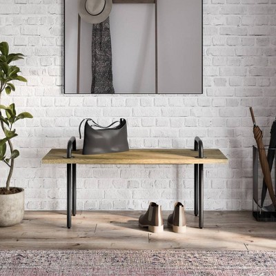 WyndenHall 42" Sera Mango Wood Industrial Entryway Bench in Natural: Modern Mango Wood & Iron, Narrow Design, Seats 2