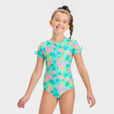 Girls' Enchanting Tropical Floral Printed One Piece Rash Guard - Cat & Jack™