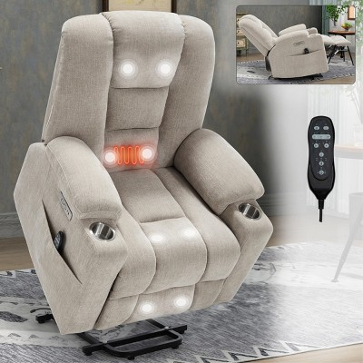 Large Power Recliner With Heat And Massage,Lift And Recline Chairs With USB  And Type C Ports,Cup Holders,Chenille Extra Wide Recliner-Cuddlewood