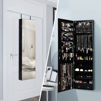 Costway Mirrored Wall & Door Mounted Jewelry Cabinet Storage Organizer with Lights&Drawer Pink/Black/Brown/Rustic Brown/White/Green