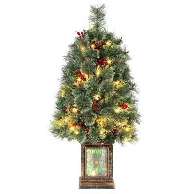 3 Ft Pre-Lit Christmas Tree, Holiday Potted Christmas Tree with 70 LED Lights, Christmas Entrance Trees In Pot For Home Office Party Holiday