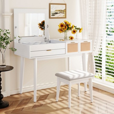 QingMoon Makeup Vanity Set with Flip-top Mirror and Stool, Wood Dressing Table with Three Drawers and Storage Space