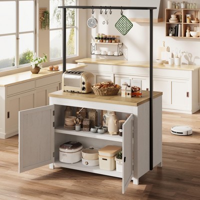 41" Kitchen Island with Storage, 1.2" Countertop Heavy-Duty Multi-Functional Kitchen Cart with 2-Tier Shelves, 5 Hooks, Metal Coffee Bar Table